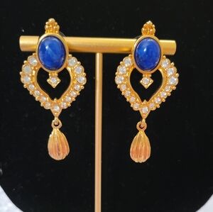 Vintage Avon Gold Toned, Blue Cabachon & Rhinestone Dangle Earrings
